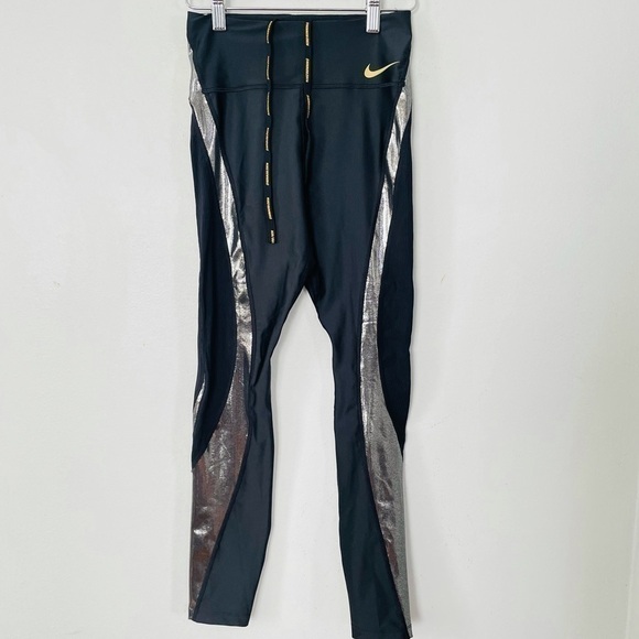 Nike Metallic Panel Leggings XS Black Silver Activewear Running Gym Yoga Pants - Picture 3 of 9